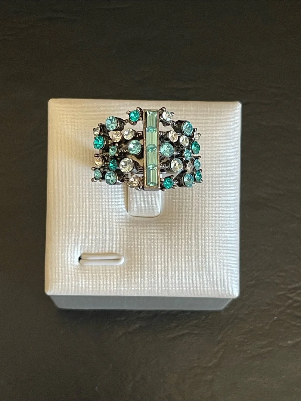 Black silver tone Rhinestone Statement Ring .